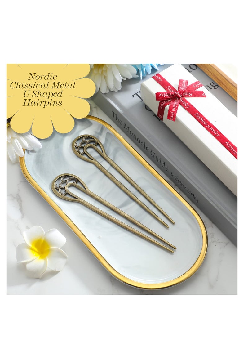 SYOSI - 6 Pieces Nordic Classical Metal U Shaped Hairpin Vintage Hair Sticks Hair Fork Pins 2 Prong Updo Chignon Pins Hair Accessory for Women Girls Hairstyles (Bronze) - Image 1