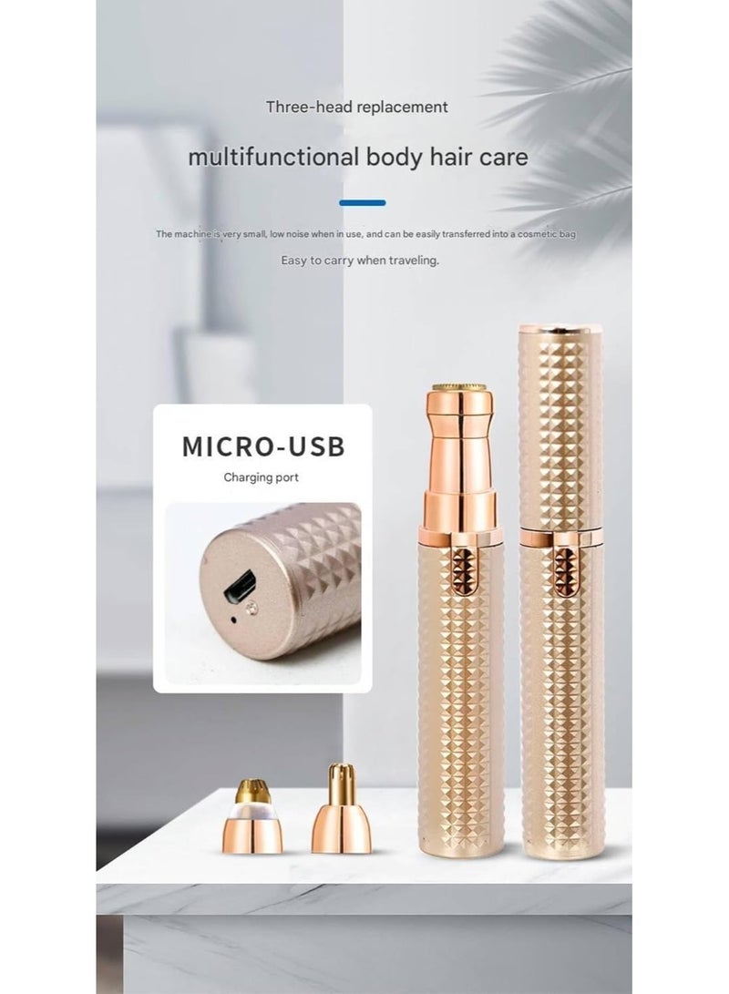 ماكينة تشذيب الحواجب للنساء 3 في 1 قابلة لإعادة الشحن لإزالة شعر الوجه برؤوس قابلة للاستبدال، ماكينة حلاقة احترافية غير مؤلمة لإزالة شعر الحواجب مع مؤشرات ضوئية (ذهبي) - Image 4