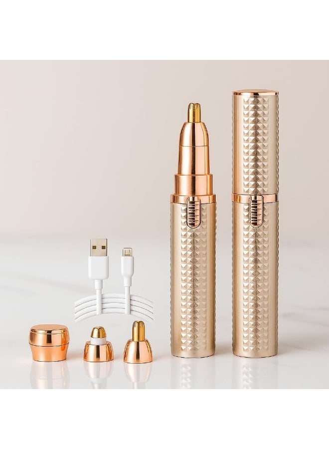 ماكينة تشذيب الحواجب للنساء 3 في 1 قابلة لإعادة الشحن لإزالة شعر الوجه برؤوس قابلة للاستبدال، ماكينة حلاقة احترافية غير مؤلمة لإزالة شعر الحواجب مع مؤشرات ضوئية (ذهبي) - Image 1