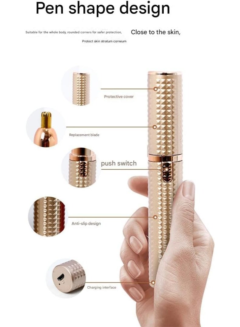 ماكينة تشذيب الحواجب للنساء 3 في 1 قابلة لإعادة الشحن لإزالة شعر الوجه برؤوس قابلة للاستبدال، ماكينة حلاقة احترافية غير مؤلمة لإزالة شعر الحواجب مع مؤشرات ضوئية (ذهبي) - Image 3