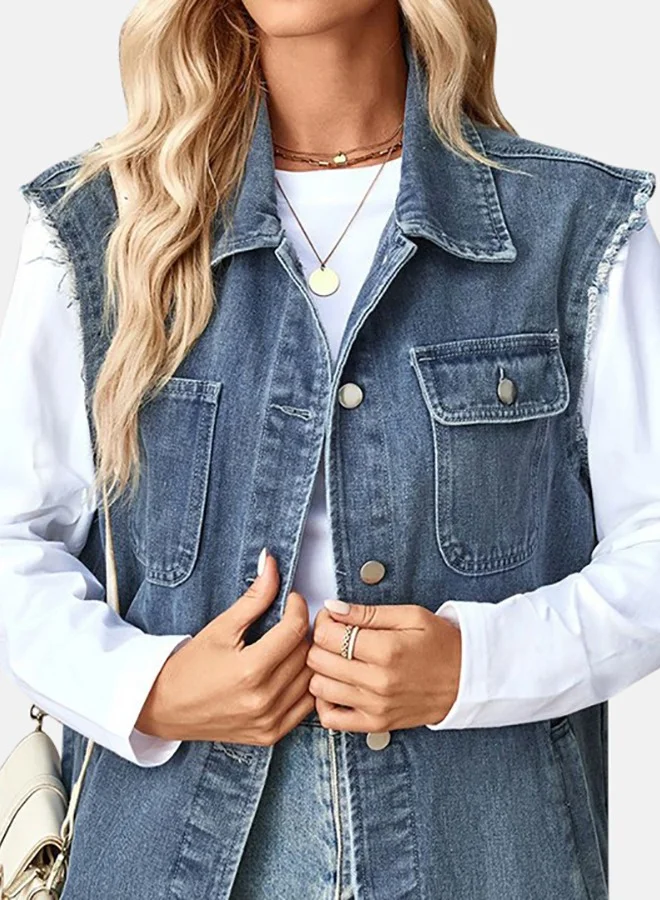 YUNIQEE Blue Collared Sleeveless Denim Jacket
