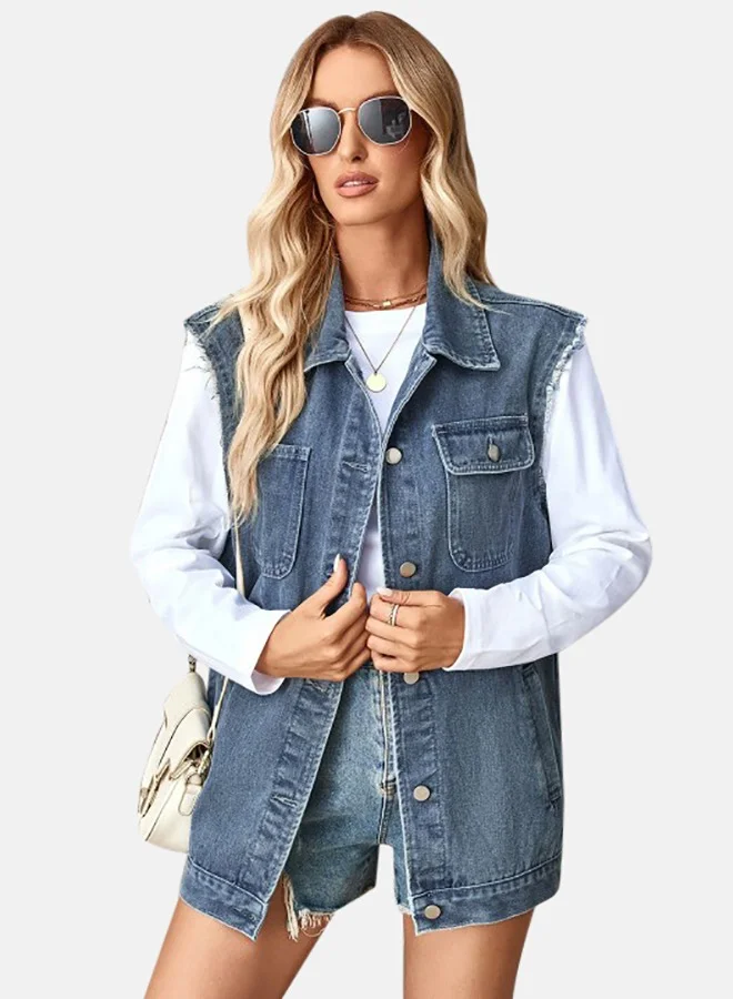 YUNIQEE Blue Collared Sleeveless Denim Jacket