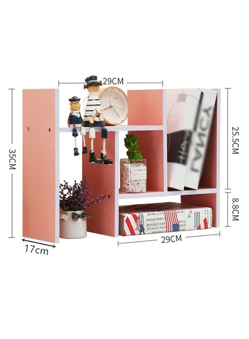 Arabest Adjustable Wooden Desktop Organizer Set - 3-in-1 Expandable Bookshelf & Display Rack with Storage Compartments, Space-Saving Office Desk Organizer (Pink)  - Image 2