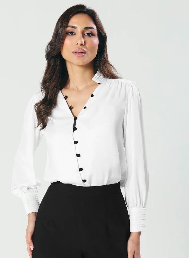 Zigzag Long Sleeve Cuff Detailed Satin Top