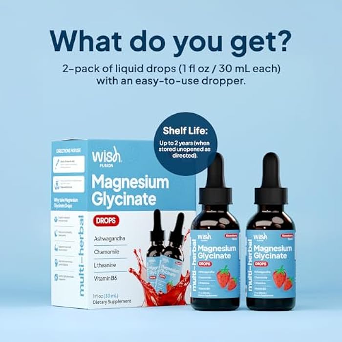 Wish Fusion قطرات مغنيسيوم جليسينات السائلة، عبوة 2، مكملات مغنيسيوم عالية الامتصاص للنساء والرجال تدعم النوم والأعصاب والعضلات، مغنيسيوم سائل مع أشواغاندا و L-ثيانين - Image 4