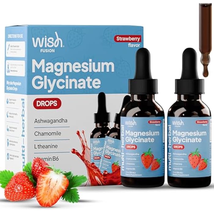 Wish Fusion قطرات مغنيسيوم جليسينات السائلة، عبوة 2، مكملات مغنيسيوم عالية الامتصاص للنساء والرجال تدعم النوم والأعصاب والعضلات، مغنيسيوم سائل مع أشواغاندا و L-ثيانين - Image 1