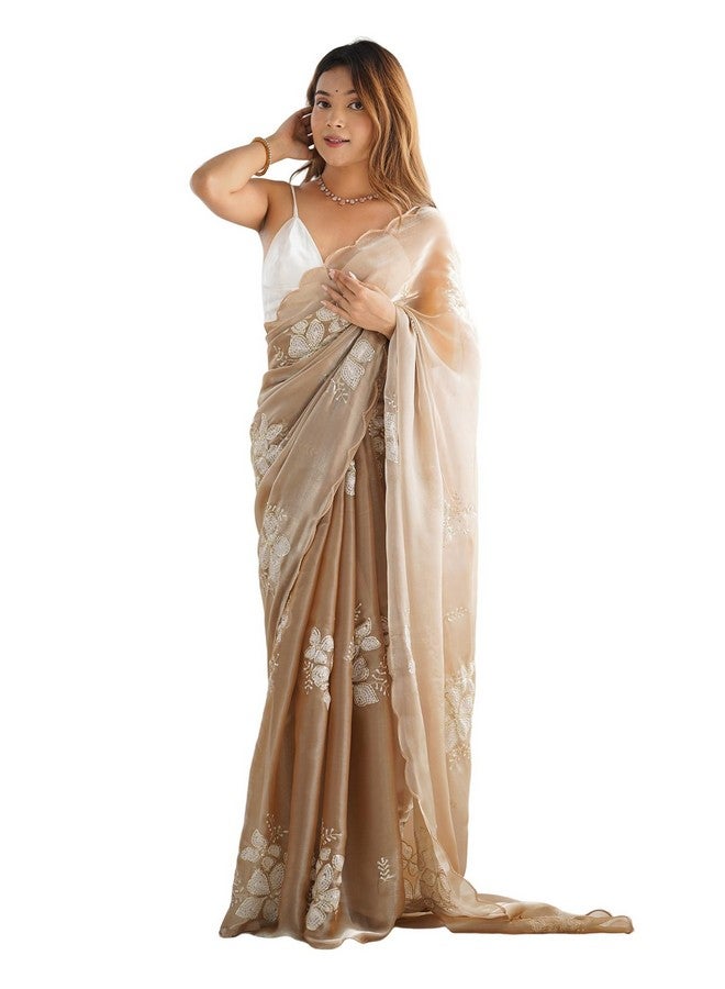 SIRIL Women's Shimmer Chiffon Sequence Embroidery Saree With Unstitched Blouse Piece (3997S125_Beige) - Image 1