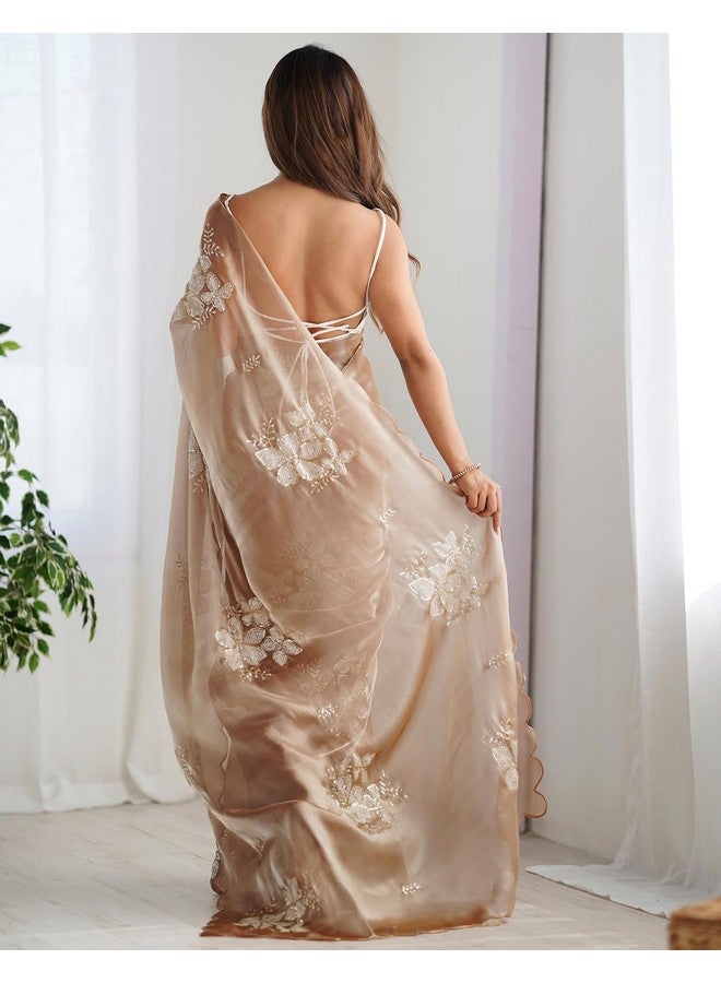 SIRIL Women's Shimmer Chiffon Sequence Embroidery Saree With Unstitched Blouse Piece (3997S125_Beige) - Image 2