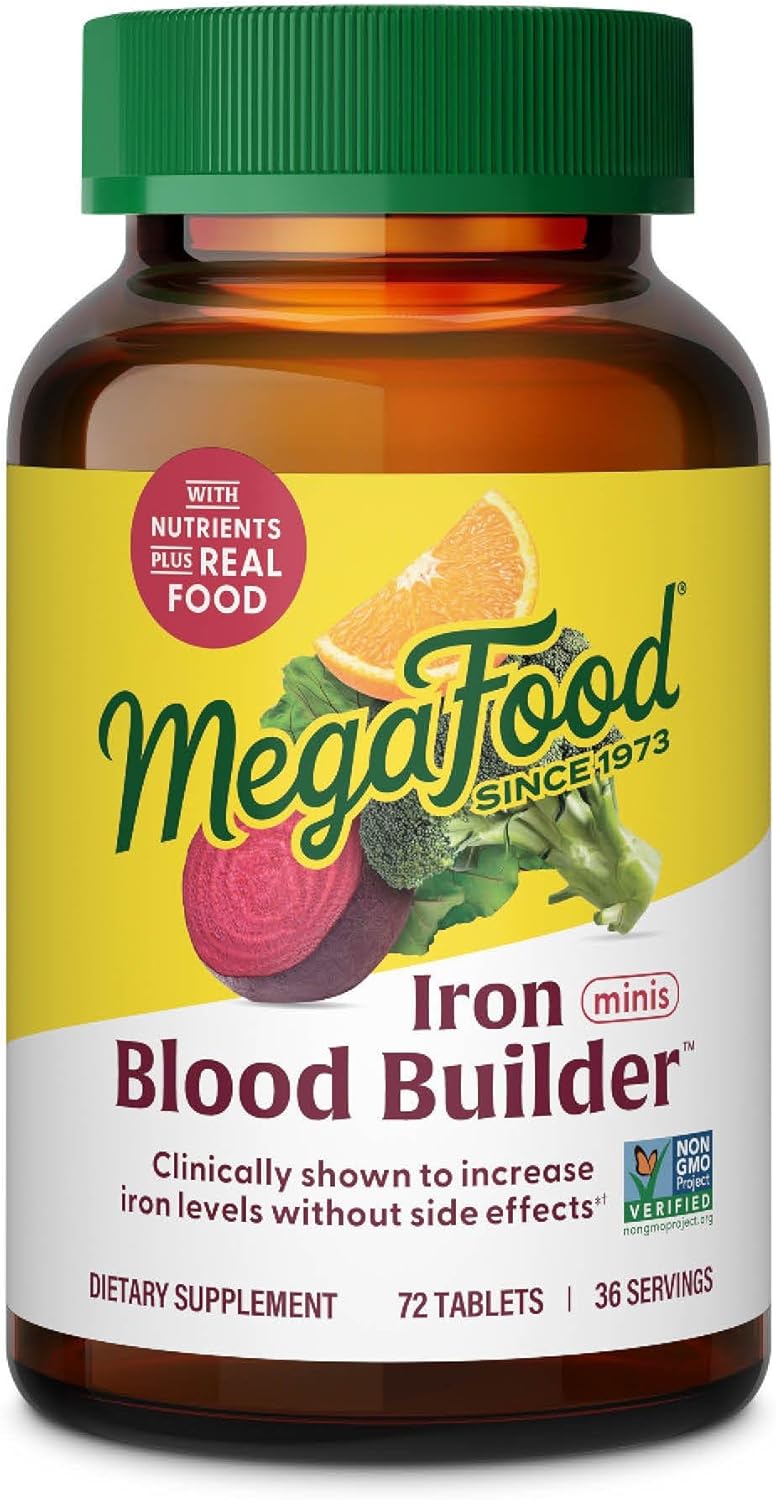 MegaFood Blood Builder Minis Iron Supplement Clinically Shown to Increase Iron Levels Without Side Effects  Vegan Supplement with Vitamin C Vitamin B12  Folic Acid 72 Tablets 36 Servings - Image 1