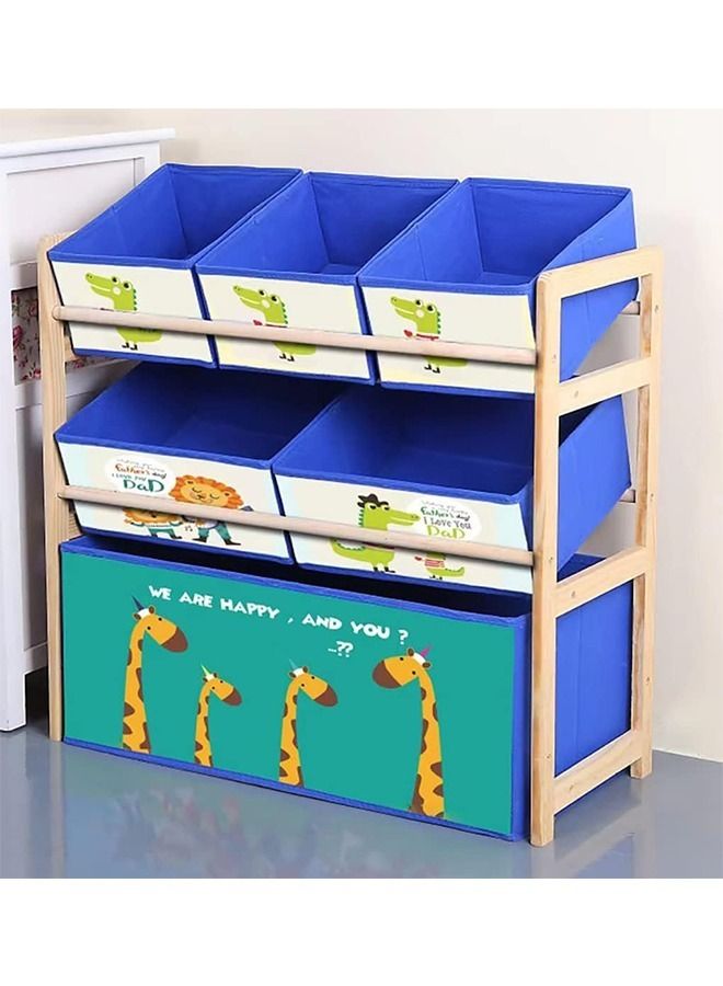 Beauenty Solid Wood Toy Organizer Rack with 6 Toy Storage Bins 25x11x24 Inch Blue