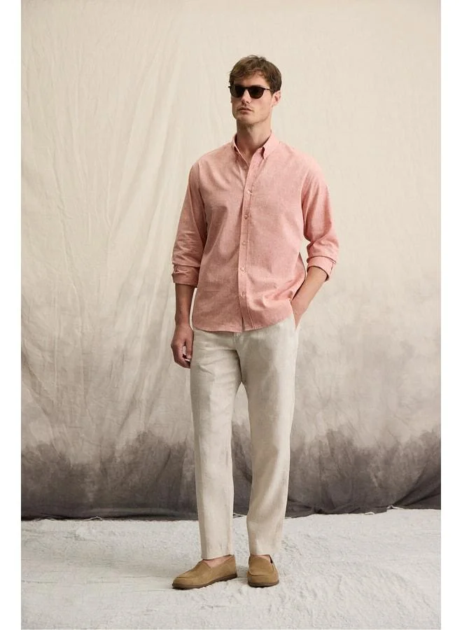 Grimelange Lasse Men's Shirt with Collar and Cuff, Long Sleeve, Regular Fit, Cotton-Linen Blend, Orange.