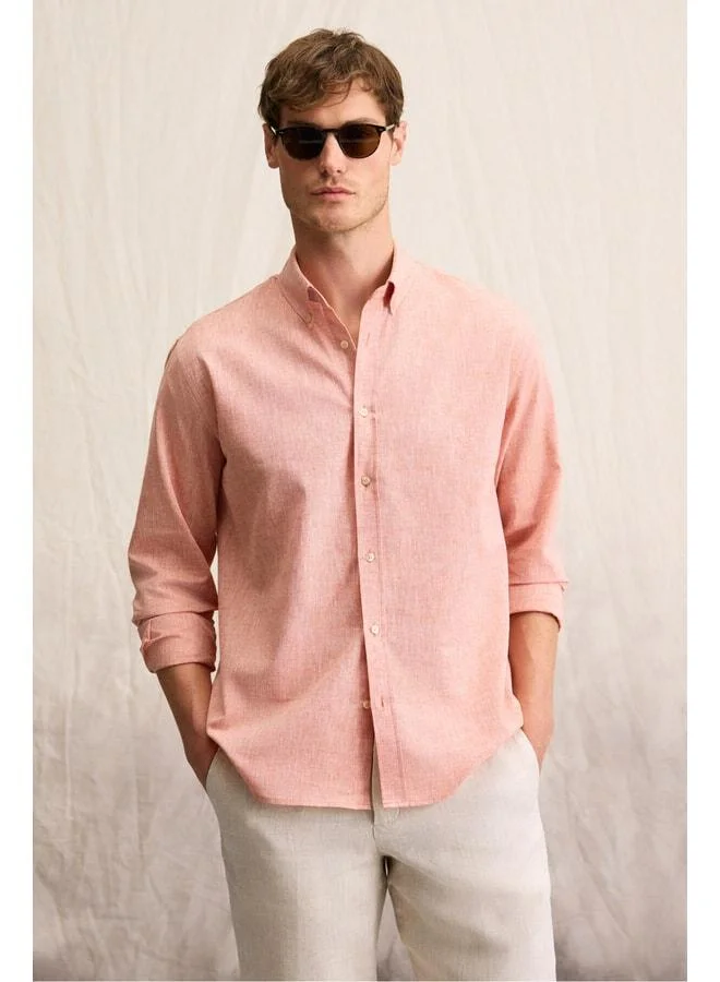 Grimelange Lasse Men's Shirt with Collar and Cuff, Long Sleeve, Regular Fit, Cotton-Linen Blend, Orange.