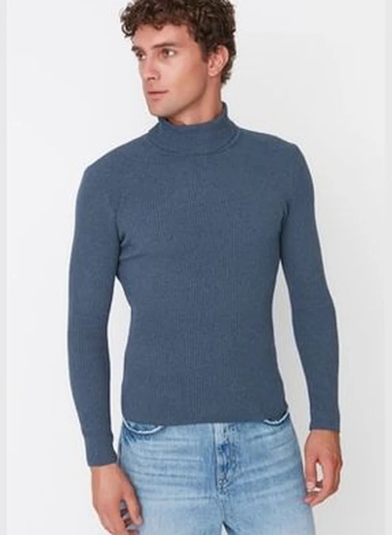 trendyol Indigo Men's Slim Fit Turtleneck Corduroy Knit Sweater