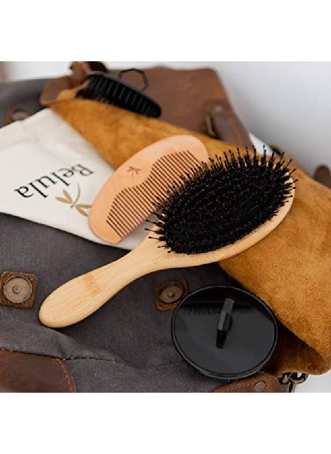 Belula - Boar Bristle Hair Brush For Men Set.Styling Mens' Hair Brush With Nylon Pins. Boar Bristle Brush 2 X Palm Brush Wooden Comb & Travel Bag Included. - Image 1