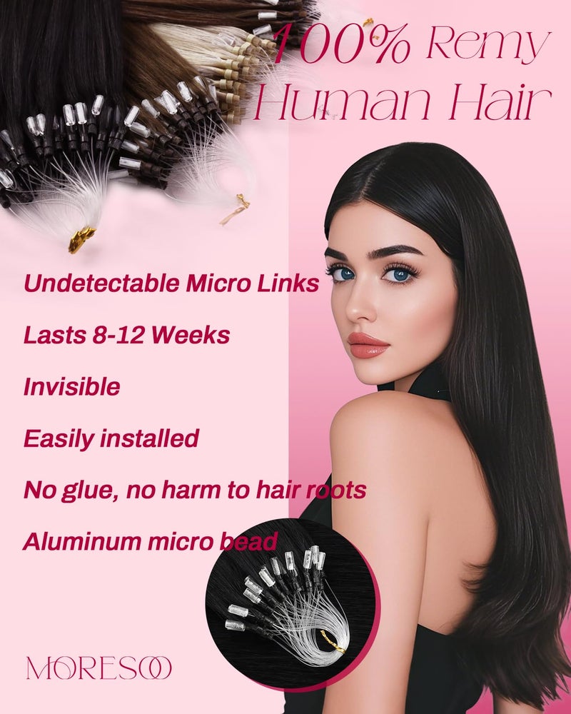 Moresoo Micro Loop Hair Extensions Real Human Hair Jet Black Microlink Hair Extensions Human Hair Black Micro Beads Extensions for Women 14 inch 50g/50s - Image 2