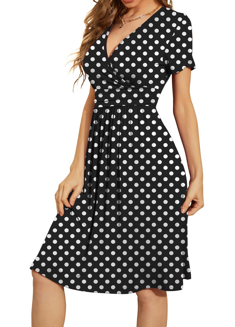 WEACZZY Women Summer Casual Short Sleeve Dresses V-Neck Floral Sundress with Pockets,White Dot Black,XL - Image 2