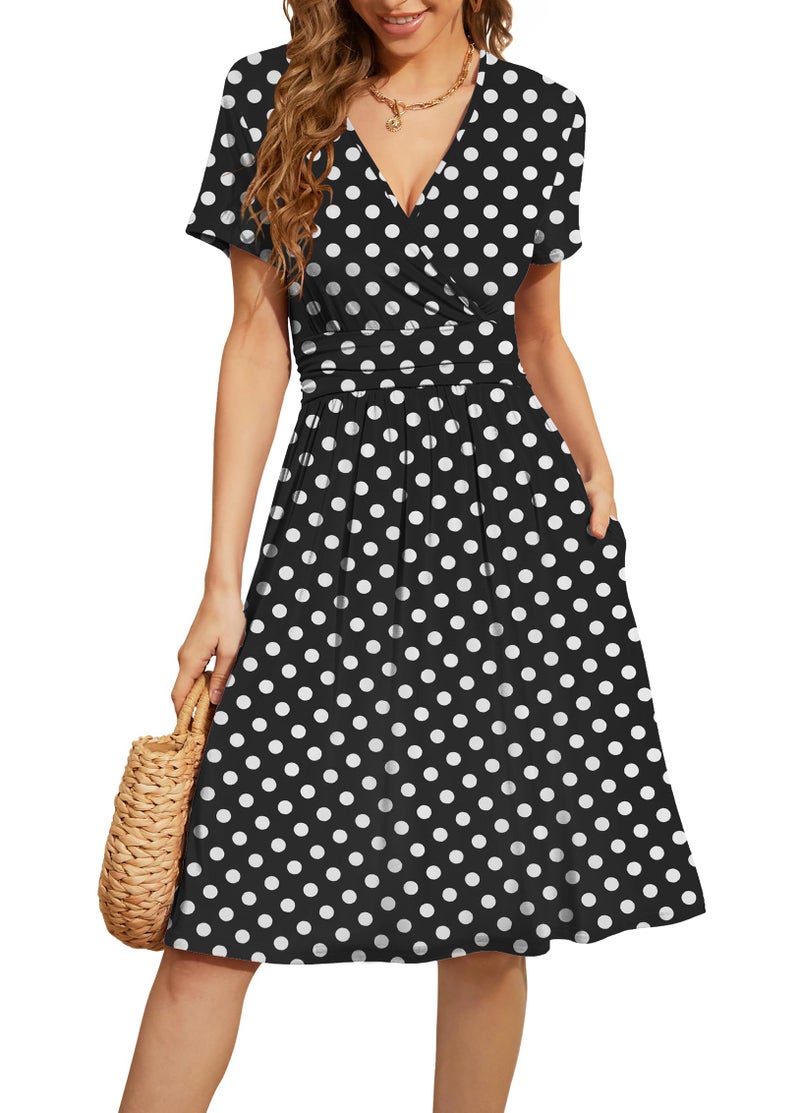 WEACZZY Women Summer Casual Short Sleeve Dresses V-Neck Floral Sundress with Pockets,White Dot Black,XL - Image 1