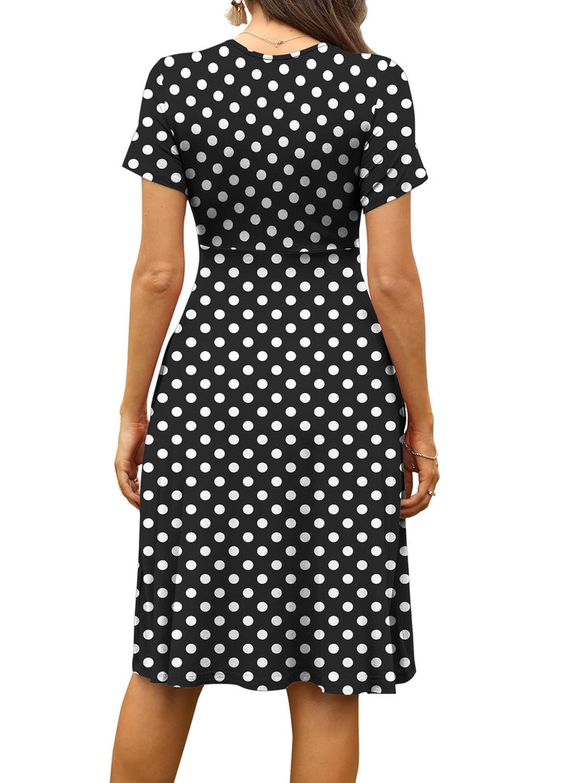 WEACZZY Women Summer Casual Short Sleeve Dresses V-Neck Floral Sundress with Pockets,White Dot Black,XL - Image 4