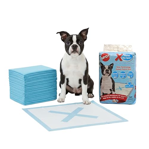 SPOT X Marks The Spot Extra Absorbent Puppy Pads with Adhesive Strips & Pheromones – Attracts Dogs to Center for Training & Potty, 22" x 22", 50-Pack - Image 1