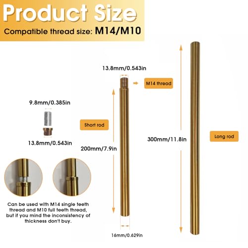 KCO Lighting M14 Threaded Extension Rod 7.89“ and 11.8" Brass Gold Extension Rods Lighting Fixture Downrods Stems Chandelier Extension Rods - Image 2