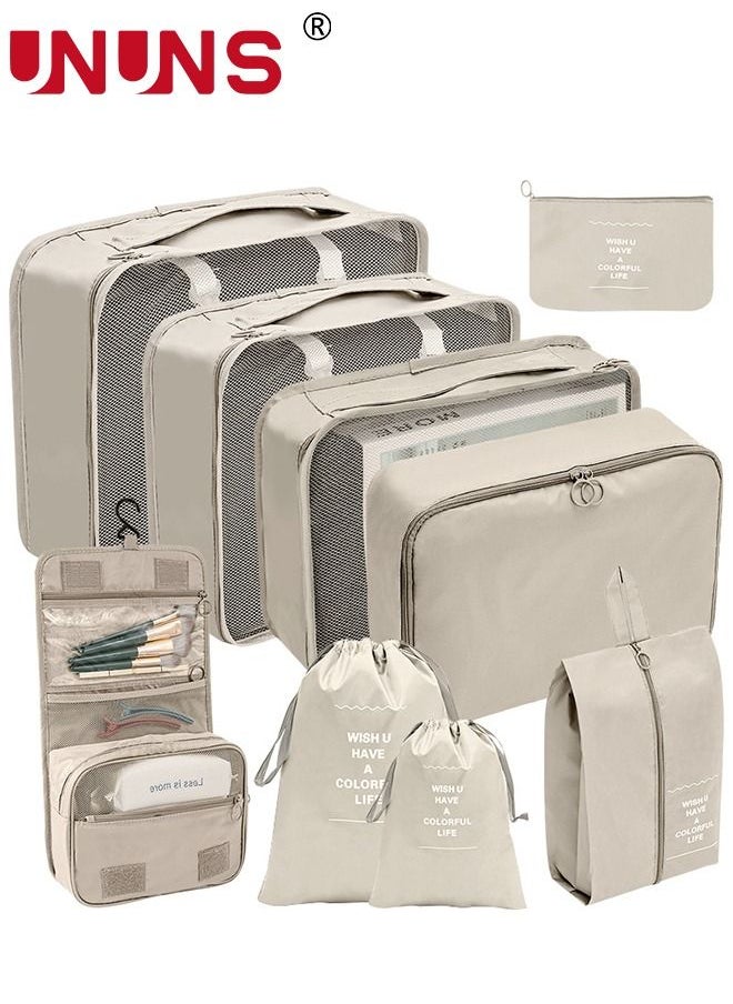 UNUNS Travel Organizer Bags Set,9-Piece Packing Cubes Set With Foldable Toiletry Bag,Portable Travel Packing Pouches For Man And Women Travel,Beige  - Image 1