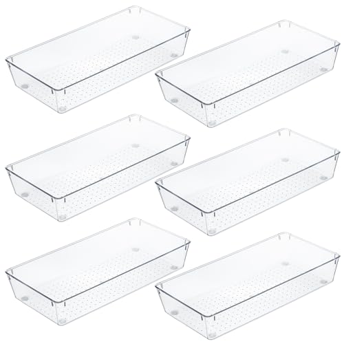 Kingrol 6 Pack 12 x 6 x 2 Inch Clear Drawer Organizer Trays, Desk Drawer Divider Storage Bins, Storage Box Set for Utensils Junks Vanities Makeups Jewelry Office Craft Supplies - Image 1