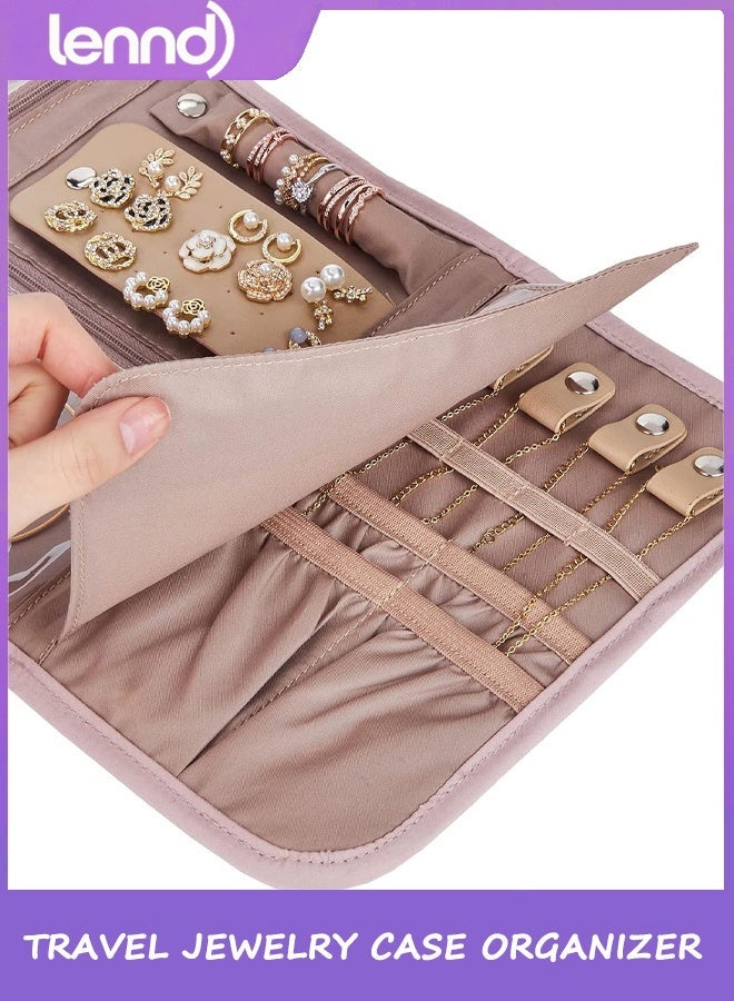LENND Travel Jewelry Case Organizer, Medium Foldable Storage Roll for Earrings, Necklaces, Rings, Bracelets, Brooches, Pink - Image 5