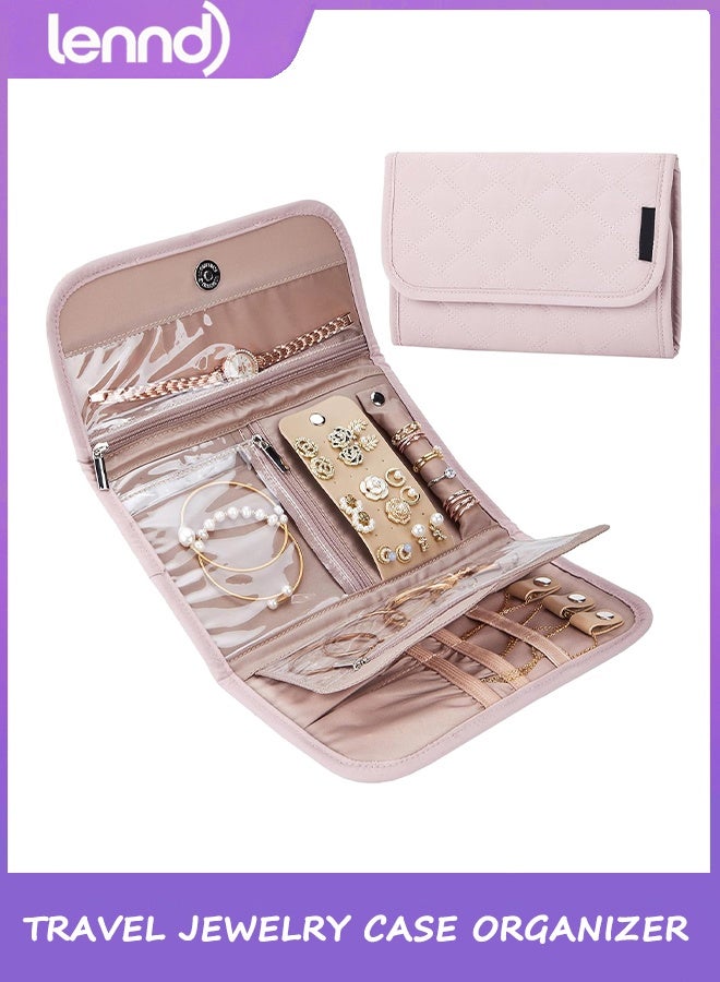 LENND Travel Jewelry Case Organizer, Medium Foldable Storage Roll for Earrings, Necklaces, Rings, Bracelets, Brooches, Pink - Image 1