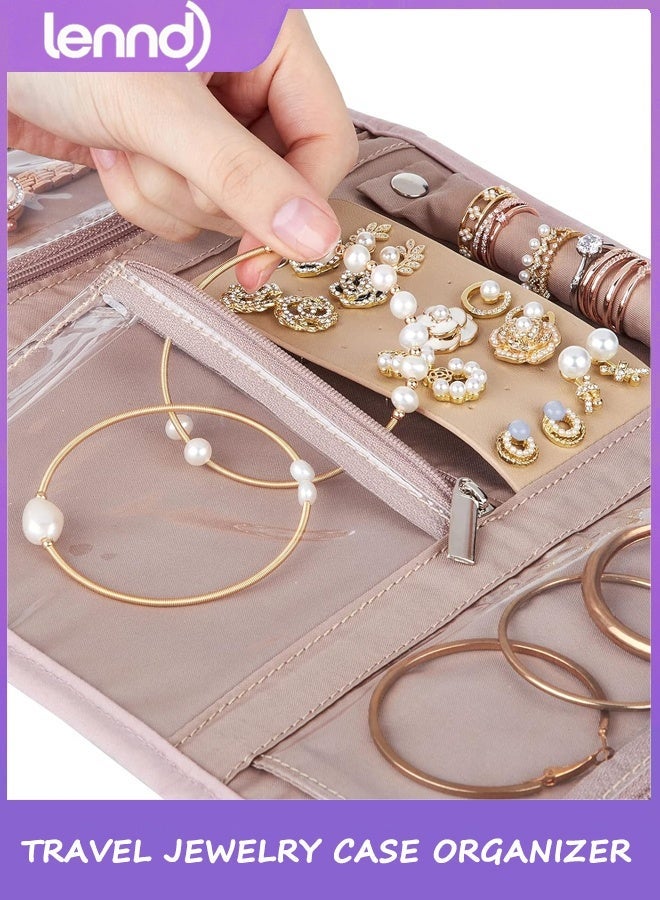 LENND Travel Jewelry Case Organizer, Medium Foldable Storage Roll for Earrings, Necklaces, Rings, Bracelets, Brooches, Pink - Image 3