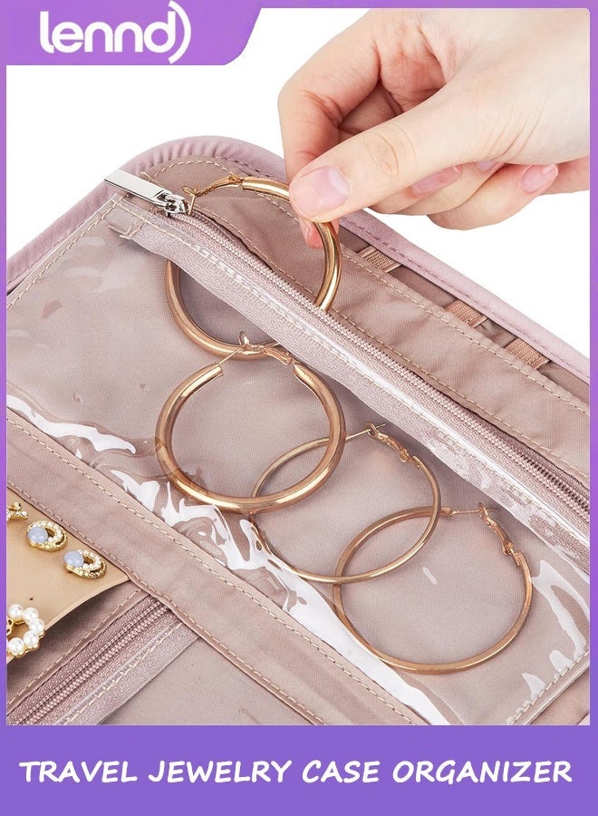 LENND Travel Jewelry Case Organizer, Medium Foldable Storage Roll for Earrings, Necklaces, Rings, Bracelets, Brooches, Pink - Image 4