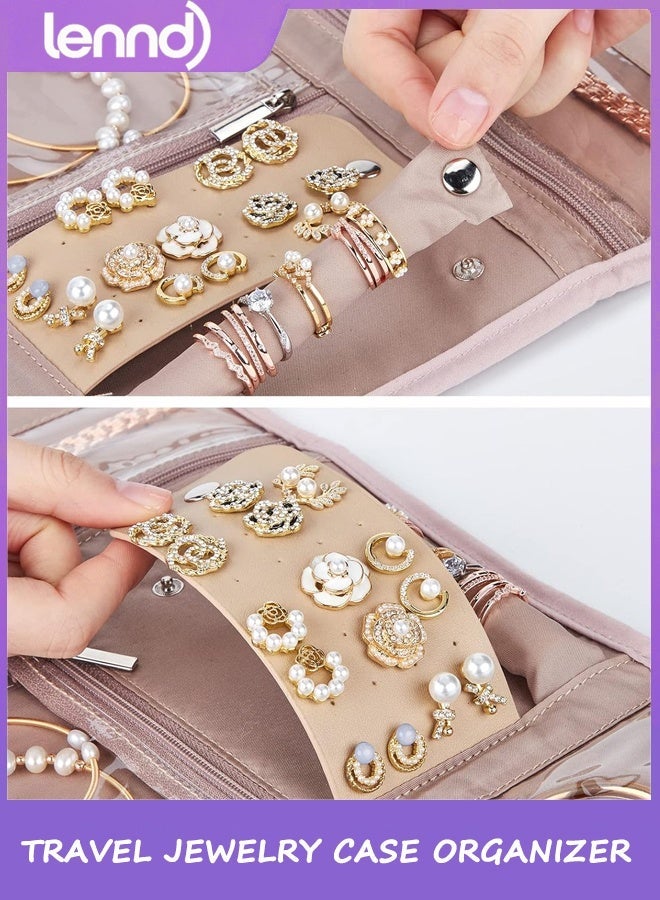 LENND Travel Jewelry Case Organizer, Medium Foldable Storage Roll for Earrings, Necklaces, Rings, Bracelets, Brooches, Pink - Image 2