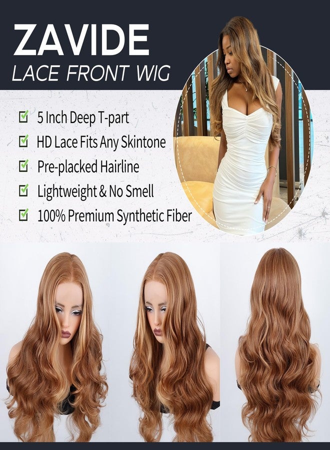 ZAVIDE Honey Blonde Lace Front Wig Body Wave Synthetic Wig Highlight Wigs For Women 180% Density Transparent Lace Frontal Wigs - Image 2