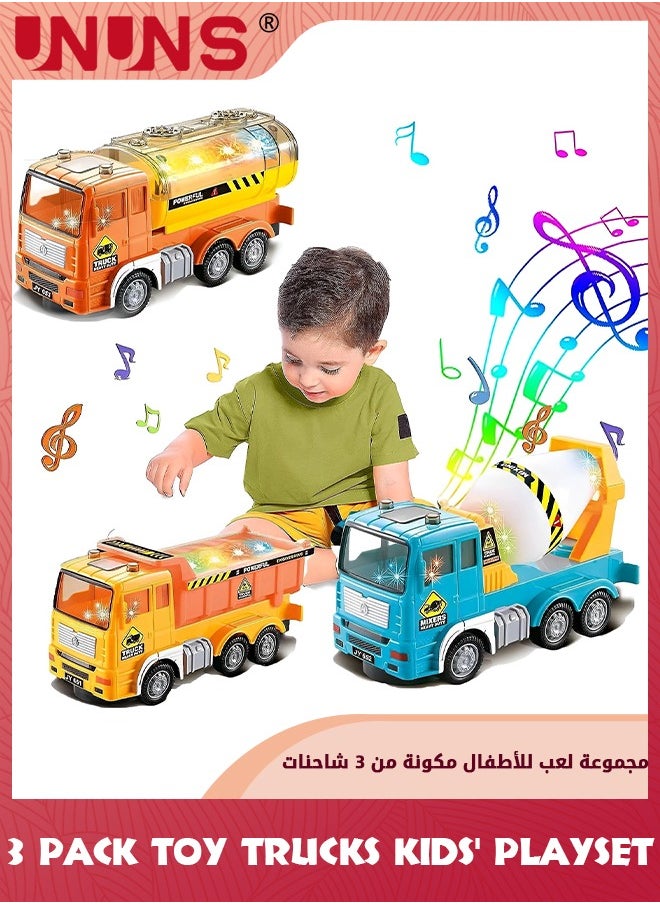 UNUNS 3 Pack Car Toy Trucks Set,Construction Vehicle Toys For Boys Girls ,Automatic Bump & Go Toy Construction Vehicles Truck Toys Musical Engineering Truck With Lights,Gifts For Kids 3 4 5 6 Years  - Image 1