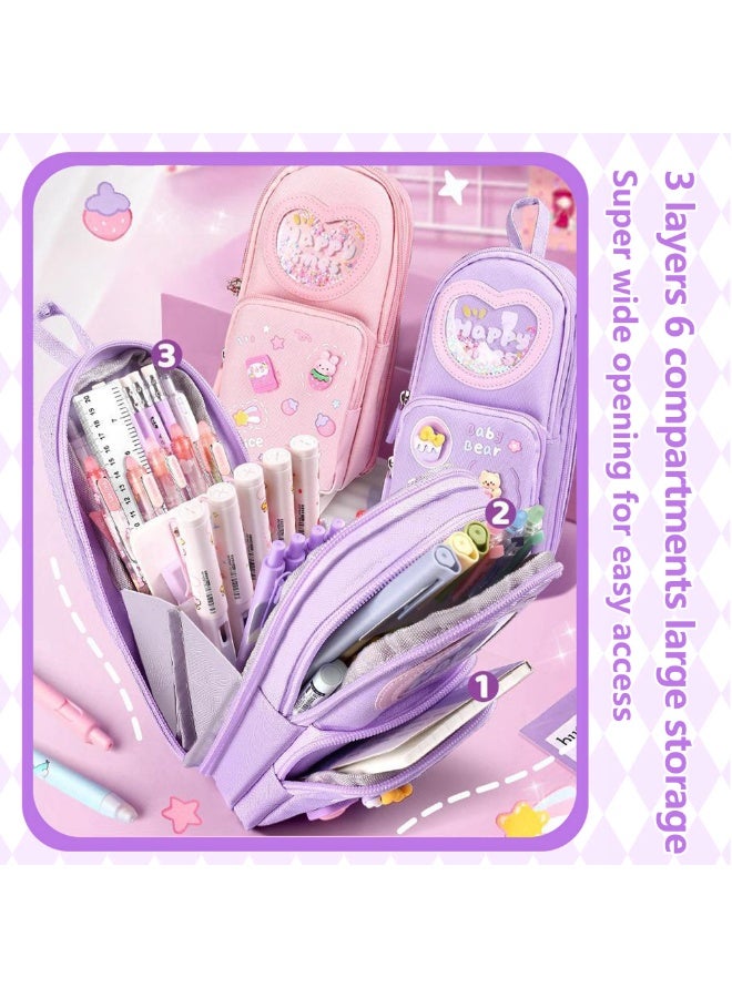 Daytoyz 3 Layer Pencil Case 6 Compartment Large Capacity Simple Stationery Box (Purple,210 * 95 * 65mm)  - Image 2