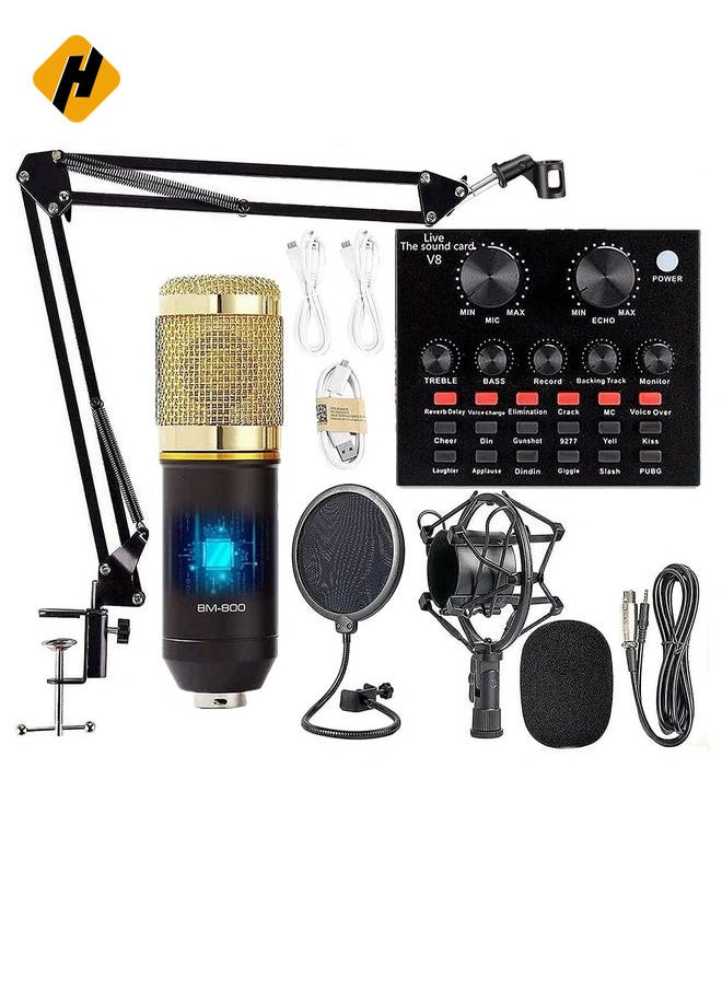 HuHa Podcast Equipment Bundle, BM-800 Mic Kit with Live Sound Card, Adjustable Mic Suspension Scissor Arm, Metal Shock Mount and Double-Layer Pop Filter for Studio Recording & Broadcasting (Gold)  - Image 1