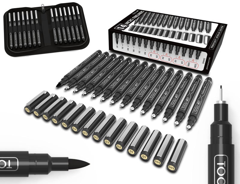 TOOLI-ART Micro-Line 14 Pens With Case, Fineliner, Multiliner, Archival Ink, Waterproof, Journaling, Illustration, Architecture, Technical Drawing, Outlining, Scrapbooking, Manga, Writing, Rock Painting Black - Image 1