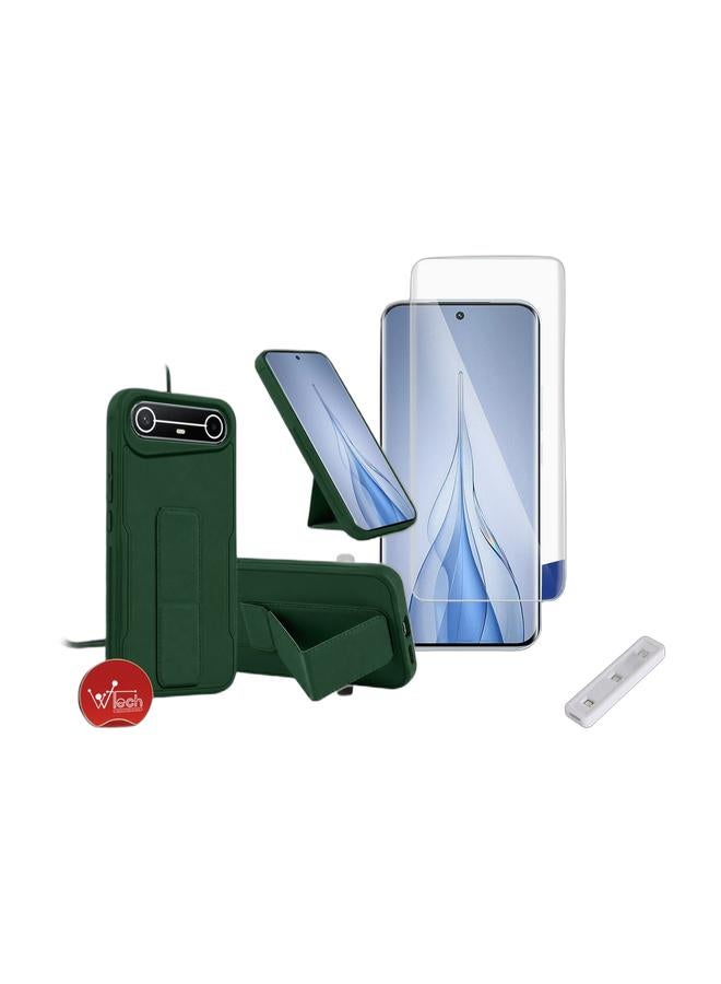Wtech Tecno Pova Slim 5G 2025 Hand Grip Foldable Magnetic Kickstand Wrist Strap Finger Grip with Built-in Iron Case Cover (MCGHSN) - Dark Green & Tecno Pova Slim 5G 2025 Premium Curved Edges UV Full Glue Full Cover Tempered Glass Screen Protector (MSGUCN) - Clear Bundle - Image 1