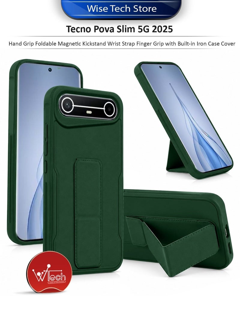 Wtech Tecno Pova Slim 5G 2025 Hand Grip Foldable Magnetic Kickstand Wrist Strap Finger Grip with Built-in Iron Case Cover (MCGHSN) - Dark Green & Tecno Pova Slim 5G 2025 Premium Curved Edges UV Full Glue Full Cover Tempered Glass Screen Protector (MSGUCN) - Clear Bundle - Image 2
