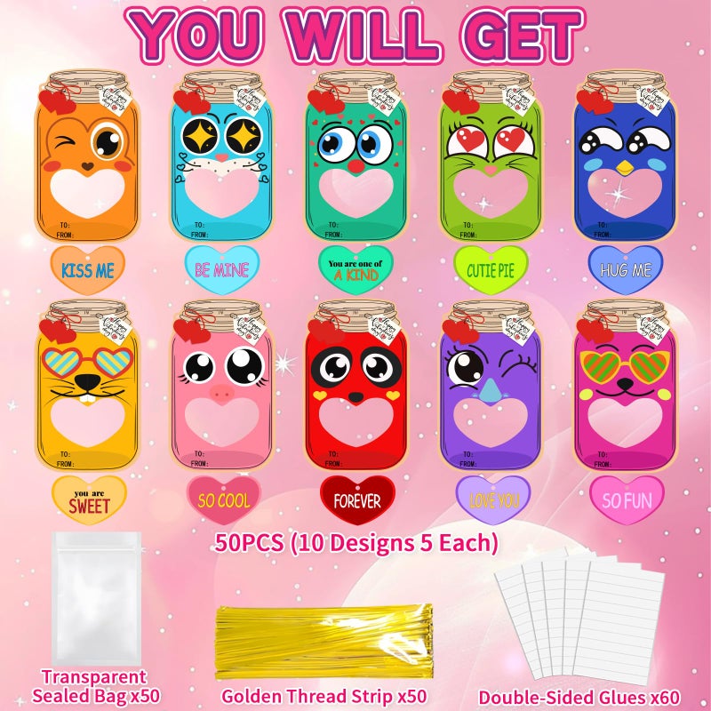 Natonhi 50 Pack Valentine Day Cards for Kids, Fun Mason Jar Valentines Day Candy Card, Kid Bulk Valentines Day Exchange Cards for Classroom School Party Favors(Candy Not Included) - Image 2