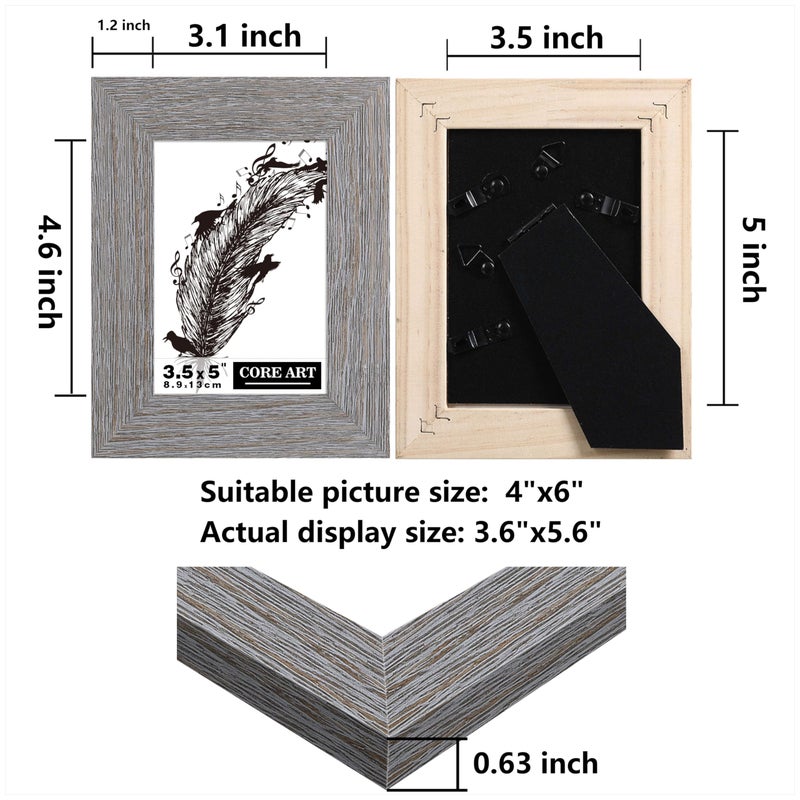 CORE ART 3.5x5 Picture Frame  Handmade Wood Rustic Gray Photo Frame Set of 2  High Definition Semi-tempered Glass Wall or Tabletop Display - Image 2