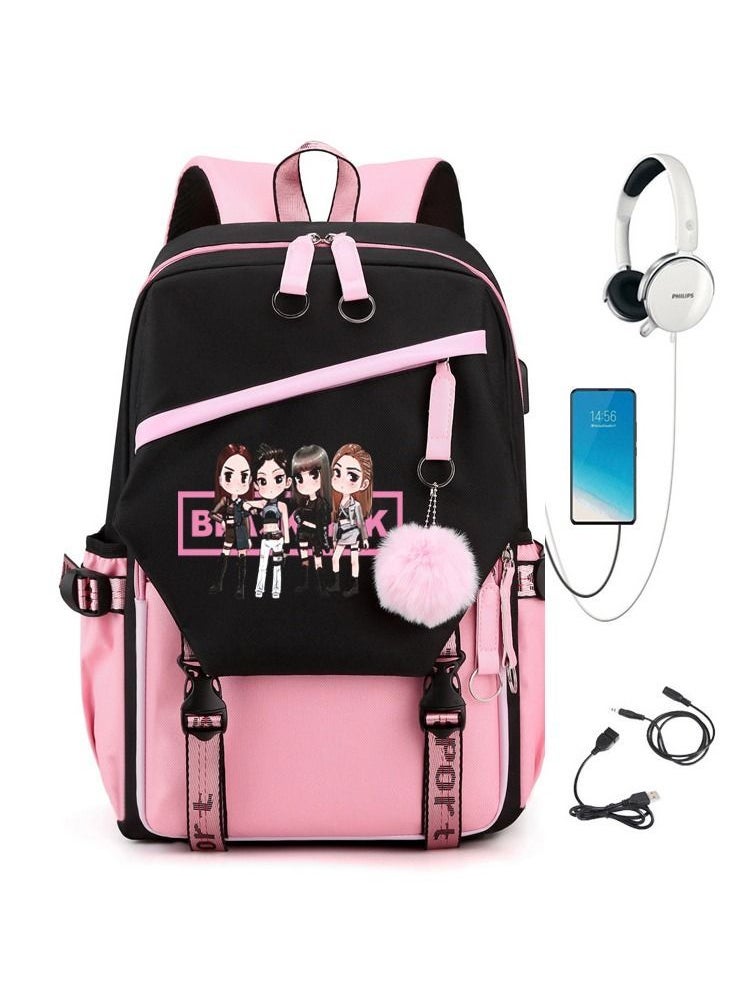 NIBEMINENT - KPOP Blackpink Backpacks School Laptop Lisa Rose Jisoo Jennie Shouler Bag USB Charging Casual Hiking Daypacks Book - Image 1