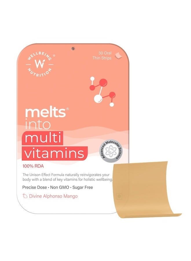 WELLBEING NUTRITION Melts Plant Based Multivitamin for Men & Women with 100% RDA of Zinc, B-Complex, Vitamin C, D3 + K2(MK7), Ashwagandha & Ginseng for Immunity & Energy, 30 Oral Strips - Image 1