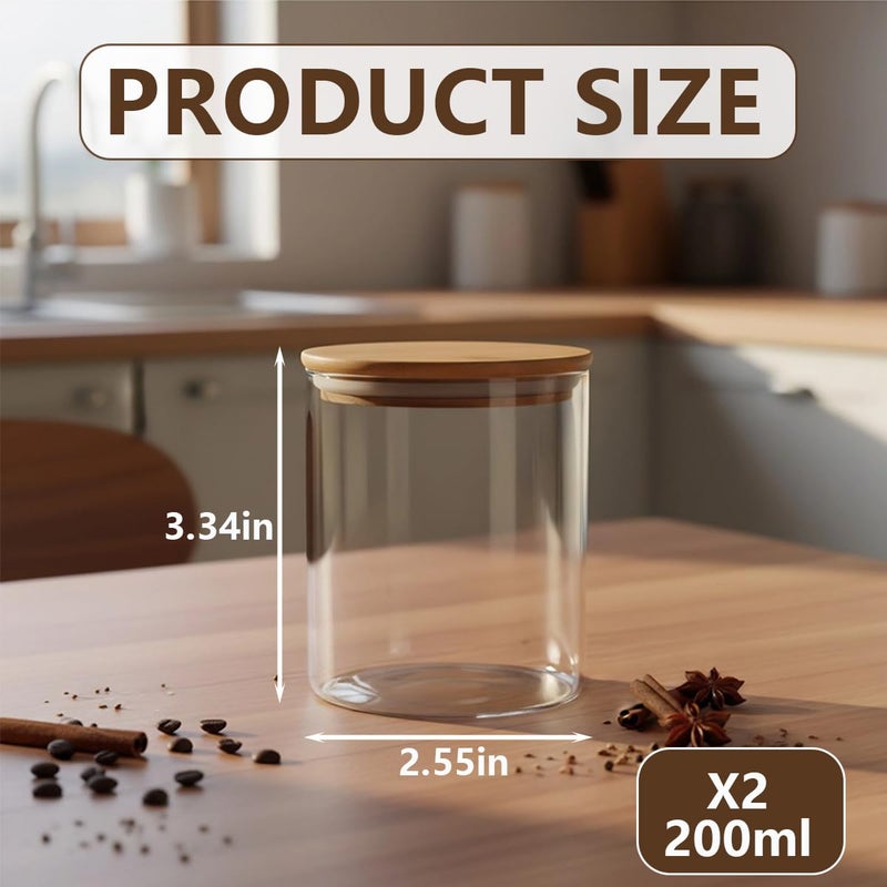 SYBL Pack of 2 6.7oz(200ml) Clear Glass Food Storage Jar Tea Canister Containers with Airtight Seal Bamboo Lid Bulk Tea Coffee Bean Jar Cookies Flour Sugar Candy Spice Container - Image 2