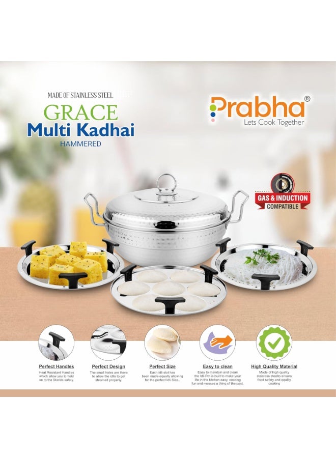 Prabha Stainless Steel Mini Hammered Multi Kadhai, Multi Use, Dhokla, Idli, Uttapam, Grace Induction Base, 20cm, 4 Plates, 2 Year Manufacturer Warranty - Image 2
