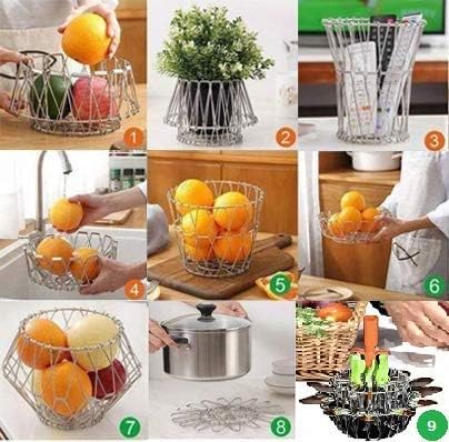 DVIJISHA Steel Multipurpose Flexible Folding Fruit Bread and Vegetable Basket Transforming for Kitchen Dining or Center Table Flexible 8 Shapes Silver Wire Basket Washing Fruits Decorative Items - Image 4