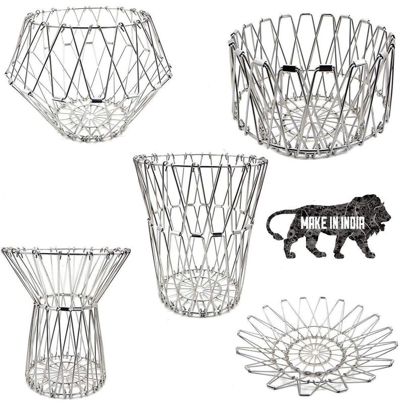 DVIJISHA Steel Multipurpose Flexible Folding Fruit Bread and Vegetable Basket Transforming for Kitchen Dining or Center Table Flexible 8 Shapes Silver Wire Basket Washing Fruits Decorative Items - Image 2