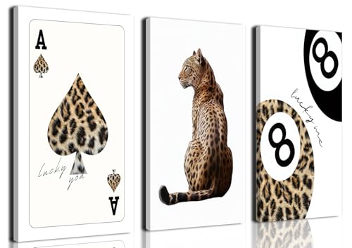 Hwetui Trendy Leopard Canvas Wall Art Set of 3 Cheetah Prints Wall Decor Pictures Funky Lucky You 8 Ball Poster Preppy Aesthetic Paintings for Girls Bedroom Dorm Apartment 16x24 inch Framed - Image 1