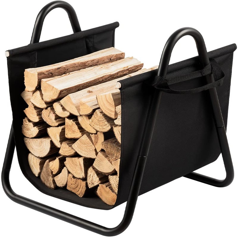AMAGABELI GARDEN & HOME AMAGABELI GARDEN  HOME Fireplace Log Holder with Canvas Firewood Rack Indoor Tote Carrier Metal Wood Rack Black Firewood Holders Storage Heavy Duty Logs Stacker Basket with Handles Kindling