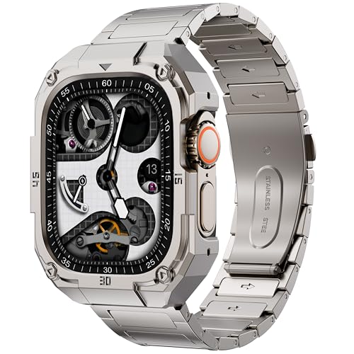 PanPinnacle Mechanical Metal Watch Case with Band Compatible with Apple Watch Series 11/10 46mm Band,Rugged Military Stainless Steel Protective Bumper Cover,Tough Business iwatch Band Strap for Men,Titanium - Image 1