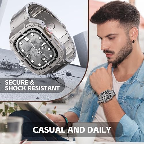 PanPinnacle Mechanical Metal Watch Case with Band Compatible with Apple Watch Series 11/10 46mm Band,Rugged Military Stainless Steel Protective Bumper Cover,Tough Business iwatch Band Strap for Men,Titanium - Image 5